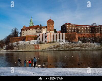 31/01/2021 - Polen/Krakau - Blick über die Weichsel und das Wawel-Schloss, die größte Attraktion Krakaus. Winterzeit und Menschen füttern Schwäne. Stockfoto