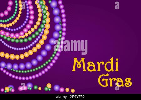 Mardi Gras Banner mit glänzenden Perlen auf traditionellem violettem Hintergrund. Mardi Gras Poster mit gelben, grünen, violetten Perlen und Kopierraum. Vektor Stock Vektor