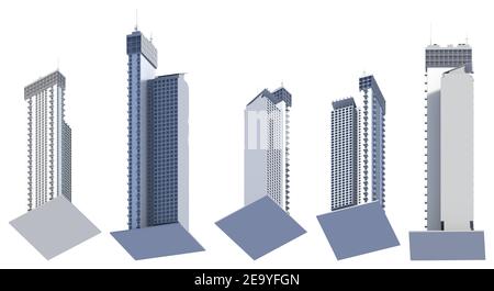 Set von 5 Renderings von fiktionalem Design städtischen Wolkenkratzern Block von flachen Türmen mit Himmel Reflexion - isoliert auf weiß, Blick von unten 3D Abbildung o Stockfoto