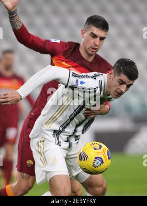 Turin, Italien. Februar 2021, 6th. Turin, Italien, Allianz Stadium, 06. Februar 2021, Alvaro Morata (Juventus FC) während des FC Juventus gegen AS Roma - Italienisches Fußballspiel Serie A Credit: Claudio Benedetto/LPS/ZUMA Wire/Alamy Live News Stockfoto