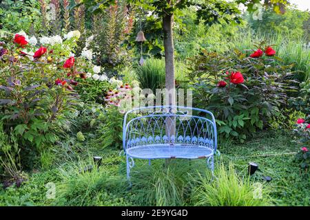 Horizontales Banner der Vintage Blue Bank in einem schönen Hüttengarten mit rotem Hibiskus, weißen Hortensien und kirschroten Knockout Rosen Stockfoto