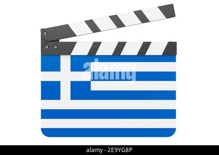 Filmklapperboard mit griechischer Flagge, Filmindustrie Konzept. 3D Rendering isoliert auf weißem Hintergrund Stockfoto