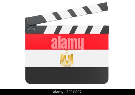 Filmklapperboard mit ägyptischer Flagge, Filmindustrie Konzept. 3D Rendering isoliert auf weißem Hintergrund Stockfoto