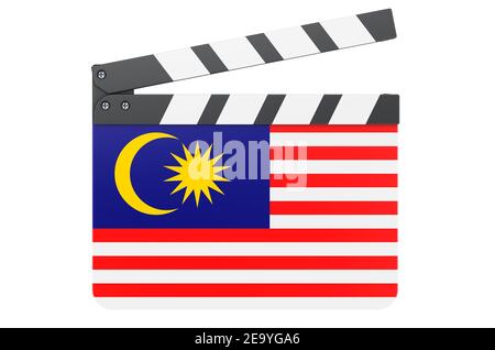 Filmklapperboard mit malaysischer Flagge, Filmindustrie Konzept. 3D Rendering isoliert auf weißem Hintergrund Stockfoto