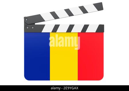 Film Klappbrett mit rumänischer Flagge, Filmindustrie Konzept. 3D Rendering isoliert auf weißem Hintergrund Stockfoto
