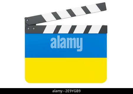 Film Klappbrett mit ukrainischer Flagge, Filmindustrie Konzept. 3D Rendering isoliert auf weißem Hintergrund Stockfoto
