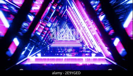 Abstrakt futuristischer Korridor mit Dreiecken, fluoreszierendes ultraviolettes Licht, bunte Laser-Neonlinien, geometrischer Endlostunnel, 3D Illustration Stockfoto