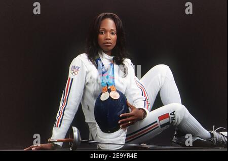 Französische Fechterin Laura Flessel-Colovic mit 5 olympischen Medaillen, 2 Goldmedaillen in Atlanta, 1996, 1 Bronzemedaille in Sydney, 2000, 1 Silbermedaille und 1 Bronzemedaille in Athen, 2004. Foto von Stephane Kempinaire/Cameleon/ABACA Stockfoto