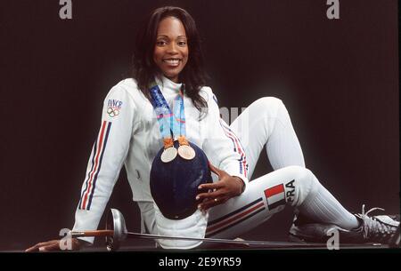 Französische Fechterin Laura Flessel-Colovic mit 5 olympischen Medaillen, 2 Goldmedaillen in Atlanta, 1996, 1 Bronzemedaille in Sydney, 2000, 1 Silbermedaille und 1 Bronzemedaille in Athen, 2004. Foto von Stephane Kempinaire/Cameleon/ABACA Stockfoto