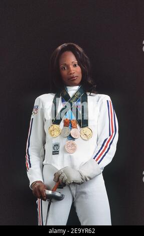 Französische Fechterin Laura Flessel-Colovic mit 5 olympischen Medaillen, 2 Goldmedaillen in Atlanta, 1996, 1 Bronzemedaille in Sydney, 2000, 1 Silbermedaille und 1 Bronzemedaille in Athen, 2004. Foto von Stephane Kempinaire/Cameleon/ABACA Stockfoto