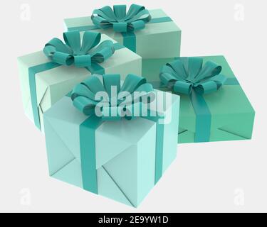 Weihnachtsgeschenkboxen auf grauem Hintergrund isoliert. 3D Rendering - Illustration Stockfoto