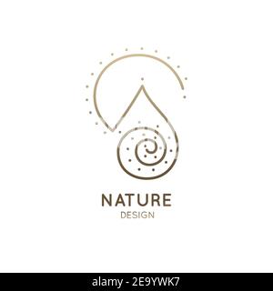 Vektor abstraktes Logo der Natur. Lineare runde Ikone der einfachen Landschaft mit Berg, Fluss, Sonne. Minimaler Firmenlogotyp für Firmenzeichen, Abzeichen für Stock Vektor