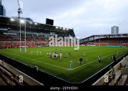 Brentford Community Stadium, London, Großbritannien. Februar 2021, 6th. Gallagher Premiership Rugby, London Irish gegen Gloucester; Long range view of Action of the 1st half Credit: Action Plus Sports/Alamy Live News Stockfoto