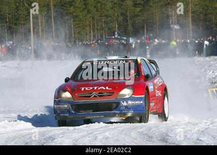 Der französische Fahrer Sebastien Loeb, Citroen Xsara WRC, während der schwedischen Rallye, in Schweden, Februar 11 2005. Foto von Jean-Marc Pastor/Cameleon/ABACA. Stockfoto