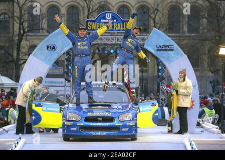 Norweger Petter Solberg, Subaru Impreza WRC Sieger der schwedischen Rallye, Schweden. Februar 13, 2005. Foto von Jean-Marc Pastor/Cameleon/ABACA. Stockfoto