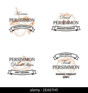 Satz von Persimmon Obst-Logos mit handgezeichneten Element isoliert auf weißem Hintergrund. Vektor-Illustration im Vintage-Stil Stock Vektor