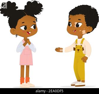 Zwei afroamerikanische Kinder sprechen miteinander. Schuljunge mit Vitiligo sagen Hallo zu seinem neuen Freund. Junge abd Mädchen Schule Freunde haben Spaß Stock Vektor