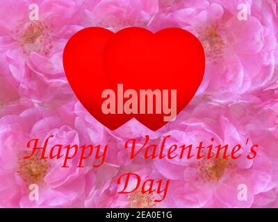 Valentinskarte mit zwei großen verbundenen roten Herzen und Im Hintergrund natürliche rosa Rosenblüten Stockfoto