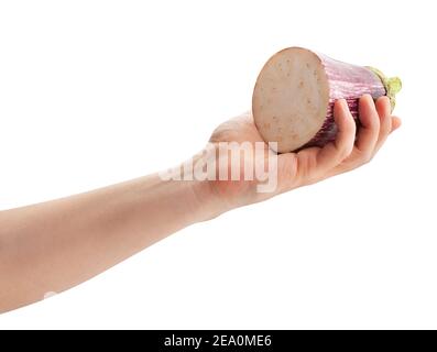 In Scheiben geschnittene gestreifte Aubergine im Handweg isoliert auf weiß Stockfoto