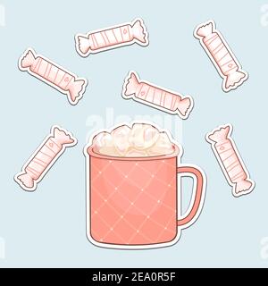 White Vektor Umriss isoliert flach Bonbons mit Herzen, rosa gemusterte Tasse heißen Kaffee oder Schokolade und Cartoon Marshmallows auf blauem Hintergrund für Stock Vektor