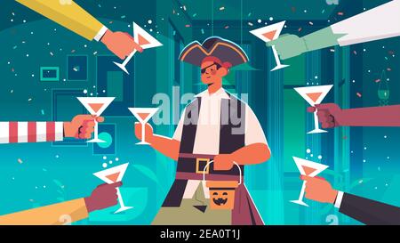 Hände halten Cocktails um Mann im Piraten Kostüm Happy halloween Feiertagsfeier Bar Party Konzept Porträt horizontal Vektor Illustration Stock Vektor