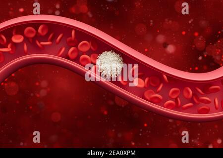 Rote Blutkörperchen innerhalb einer Arterie, Vene. Blutfluss in einem lebenden Organismus. Wissenschaftliches und medizinisches Konzept. 3 D-Abbildung. Stockfoto