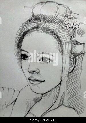 Zeichnung, Skizze, Linie, Gesicht, niedlich, Mädchen Stockfoto