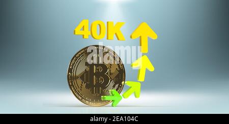 Internationale elektronische Aktienmärkte, Finanzbankkonzept: 3D Rendern golden glänzende Bitcoin in der Mitte des Rahmens. Die Pfeile steigen auf 40k Stockfoto