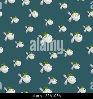 Nahtloses Muster mit niedlichen Fischen auf grünem Hintergrund. Vektor Cartoon Tiere bunte Illustration. Liebenswert Charakter für Karten, Tapete, Textil Stock Vektor