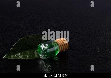 Zitronengeschmack von smaragdgrünen Farbe in einer Glasflasche mit einem Holzstopfen auf einem grünen Blatt mit Wassertröpfchen. Die dunkle Taste. Stockfoto