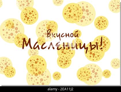 Maslenitsa Postkarte. Pfannkuchen und Blumen Design-Elemente mit Schriftzug Wish auf weißem Hintergrund. Vektorgrafik Stock Vektor
