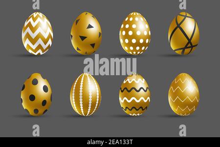Ostereier mit goldenem Ei. Luxus-Eier mit verschiedenen schwarz-weißen Ornamenten. Frühlingsurlaub. Realistische Vektordarstellung. Für Grußkarten Stock Vektor