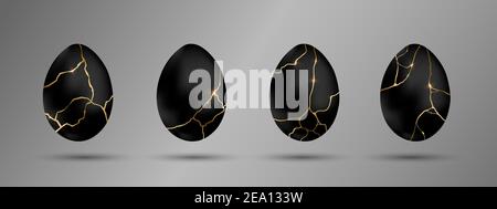 Ostereier Set schwarz. Luxus-Eier mit verschiedenen Kintsugi Gold dünnen Linien. Frühlingsurlaub. Realistische Vektordarstellung. Für Grußkarten Stock Vektor