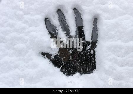 Handflächen von menschlichen Händen drucken auf weiße schneebedeckte dunkle Glasoberfläche. Handdrucke für Kinder und Erwachsene in Nahaufnahme. Konzept von Winterspaß und kaltem Wetter Stockfoto