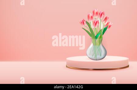 Realistische 3D Glas transparente Vase mit Tulpenblume. Auf roségoldfarbenen Sockel über rosa Pastell natürlichen Hintergrund Design-Element für Poster, Gruß Stock Vektor