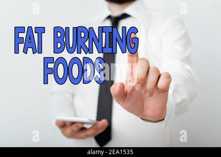 Textzeichen mit Fat Burning Foods. Business-Foto präsentiert produzieren Fettabbau durch die Stimulierung des Stoffwechsels, um Appetit zu reduzieren Modell mit zeigender Hand Stockfoto