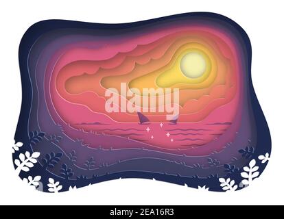 Papierschnitt mit Meerblick und Sonnenuntergangslandschaft mit Segelboot Auf dem Meer, Papierkunst Stil, Vektor und Illustration Stock Vektor