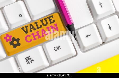 Notiz mit der Wertkette schreiben. Geschäftskonzept für den Business Manufacturing Prozess Branchenentwicklungsanalyse farbige Tastaturtaste mit Accessor Stockfoto