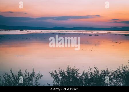 Lange Belichtung Vanille bunten Himmel und See Reflexion mit Bergen im Hintergrund. Verschwommenes wildes Gras weht im Wind im Vordergrund Stockfoto