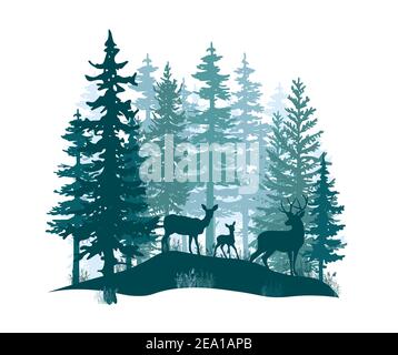 Hirsch mit Geweih, Rehe, Rehkitz posiert in magisch nebligen Wald. Silhouetten-Illustration. Nadelbäume. Stockfoto