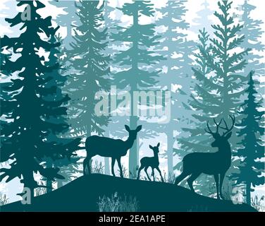 Hirsch mit Geweih, Rehe, Rehkitz posiert in magisch nebligen Wald. Silhouetten-Illustration. Nadelbäume. Stockfoto