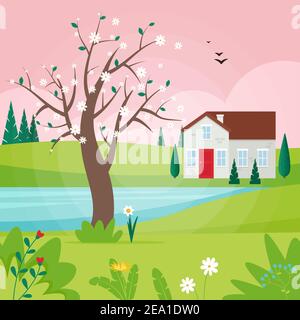 Frühlingslandschaft mit blühendem Baum und Haus. Niedliche Vektor-Illustration in flachen Stil Stock Vektor