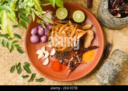 Draufsicht würzige heiße Sardellen Kerala Fisch Curry. Indisches Essen. Frau Hand machen Fisch braten mit roten Chili, Curryblatt, Kokosmilch. Asiatische Küche Stockfoto