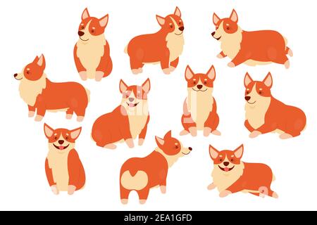 Happy Corgi Hund Haustier Vektor Illustration Set. Cartoon niedlichen Welpen Charaktere in verschiedenen Posen Sammlung, kawaii Corgi doggy sitzend, freundlicher Hund stehend mit lächelndem Fang isoliert auf weiß Stock Vektor