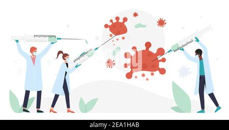 Menschen mit Spritzen kämpfen Coronavirus, Impfkonzept Vektor Illustration. Cartoon Arzt Team-Charaktere mit großen medizinischen Impfspritzen, Kampf gegen Corona-Virus-Zellen auf weiß isoliert Stock Vektor