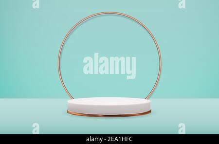 Realistischer 3D weißer Sockel mit Goldring-Rahmen aus Glas auf blauem, natürlichem Hintergrund. Trendige leere Podium-Display für kosmetische Produkt Presentat Stock Vektor