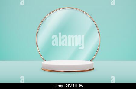 Realistischer 3D weißer Sockel mit Goldring-Rahmen aus Glas auf blauem, natürlichem Hintergrund. Trendige leere Podium-Display für kosmetische Produkt Presentat Stock Vektor