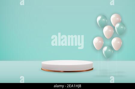 Realistische 3D weißen Sockel über blauen Pastell natürlichen Hintergrund mit Party-Ballons. Trendy leere Podium-Display für kosmetische Produkt-Präsentation, fa Stock Vektor