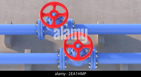 Wasserleitungen. Industrie-Metall-Pipelines blau Farbe und Ventile mit roten Rädern auf Betonwand Hintergrund, Banner. Trinkwasseraufbereitungsanlage. 3D il Stockfoto