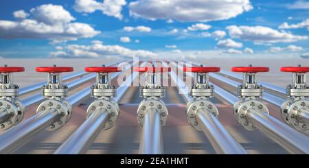 Reihe von industriellen Rohrleitungen und Ventile mit roten Räder auf blauer Himmel, Banner, Detailansicht. 3D-Darstellung Stockfoto